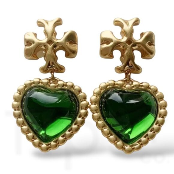 Tory Burch Emerald Green and Gold Roxanne Heart Drop Earrings - Picture 2 of 6
